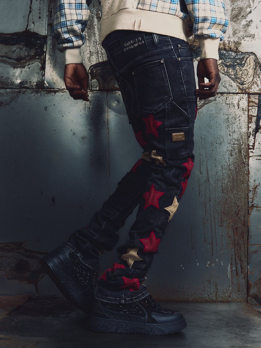 GUAPI Wine Red Stars Denim PANTS