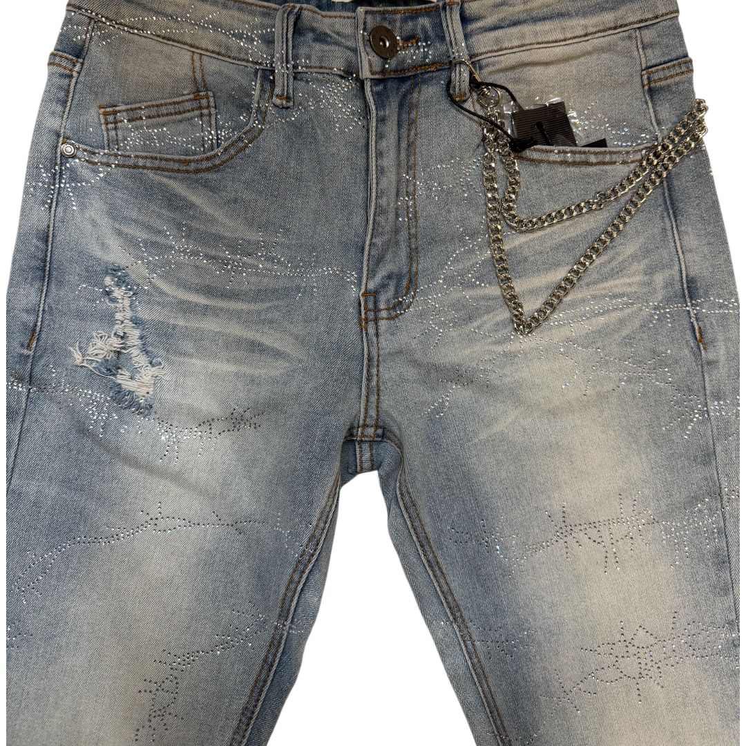 KDNK BARBED WIRE RHINESTONE JEANS KND4920-LT.BLUE