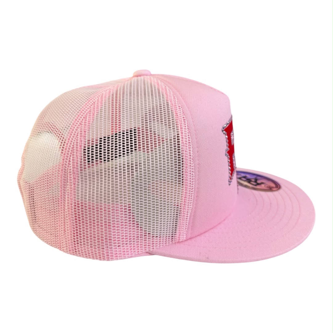 RIVOR R3BELDE all-pink TRUCKER hat with red RHINESTONE logo
