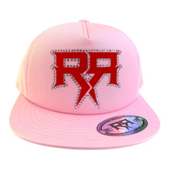 RIVOR R3BELDE all-pink TRUCKER hat with red RHINESTONE logo