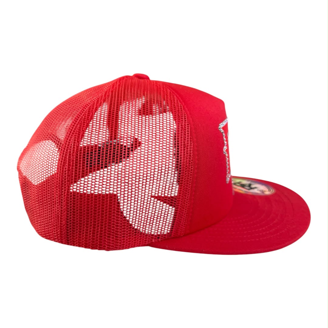 RIVOR R3BELDE red TRUCKER hat with red RHINESTONE logo