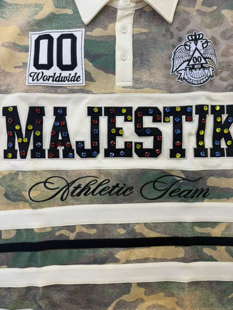 MAJESTIK cut & sew STRIPE polo SHIRT W/LOGO PATCHES