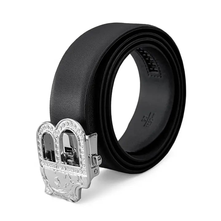 BAROCCO BELT Flat Leather Auto Bkl Belt – Silver Ed.-Silver/Black