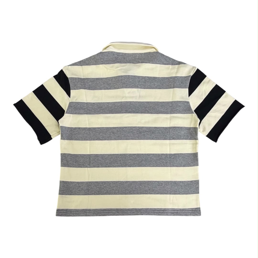 MAJESTIK CUT & SEW STRIPE POLO SHIRT W/LOGO PATCHES AND STUDS