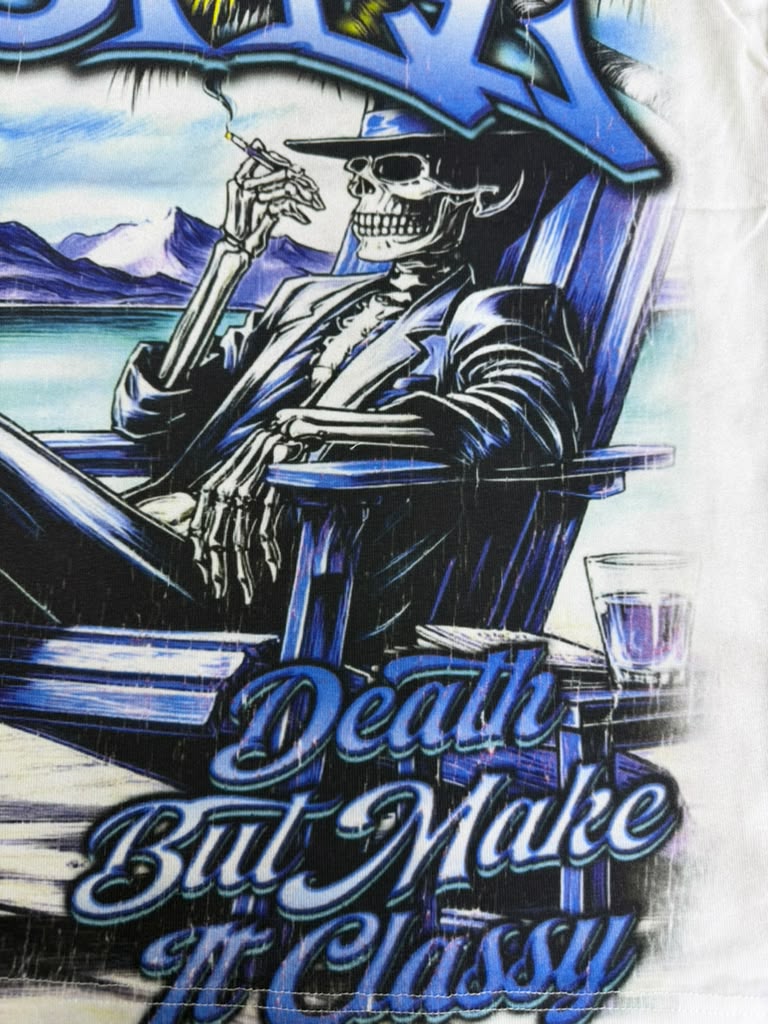 CASTEL death but make it classy lounging skeleton white tee
