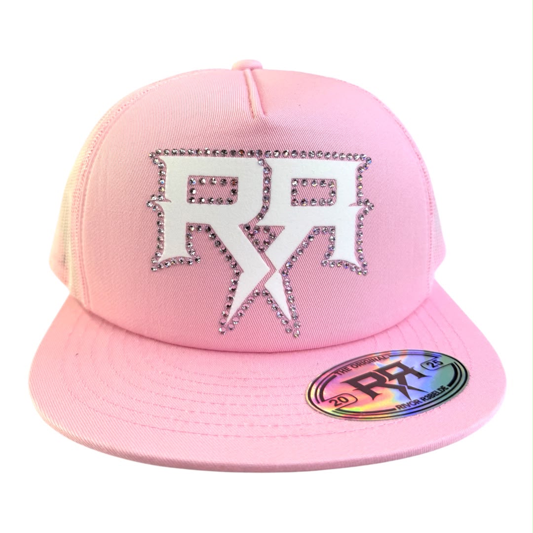RIVOR R3BELDE all-pink TRUCKER hat with white RHINESTONE logo