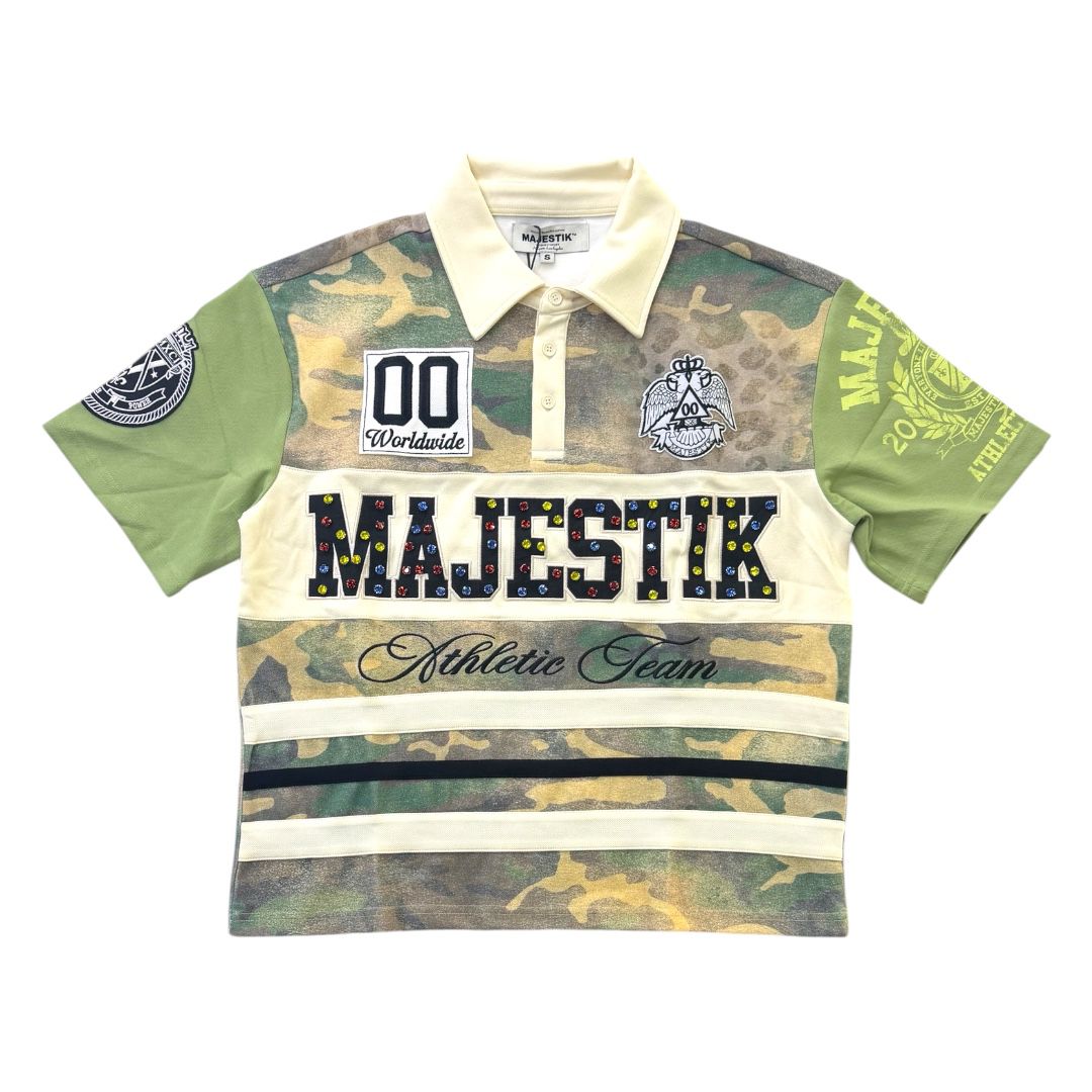 MAJESTIK cut & sew STRIPE polo SHIRT W/LOGO PATCHES