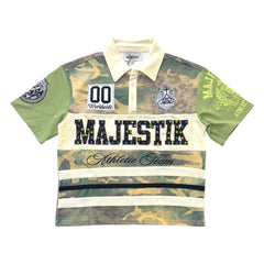 MAJESTIK cut & sew STRIPE polo SHIRT W/LOGO PATCHES