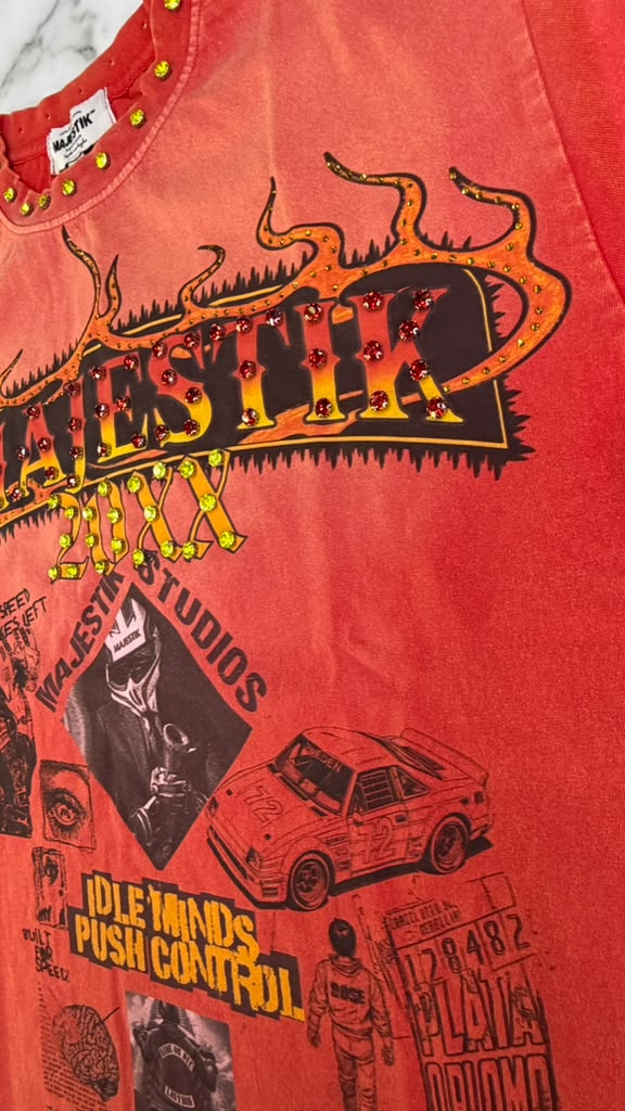 MAJESTIK t-shirt GARMENT DYE DTG PRINTED TEE W/RHINESTONE