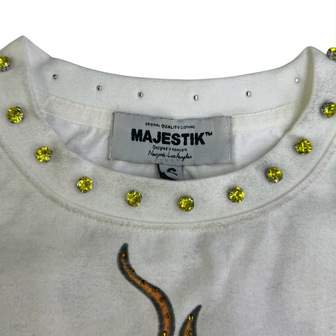 MAJESTIK GARMENT DYE DTG PRINTED SLVLSS TEE W/RHINESTONE