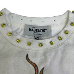MAJESTIK GARMENT DYE DTG PRINTED SLVLSS TEE W/RHINESTONE