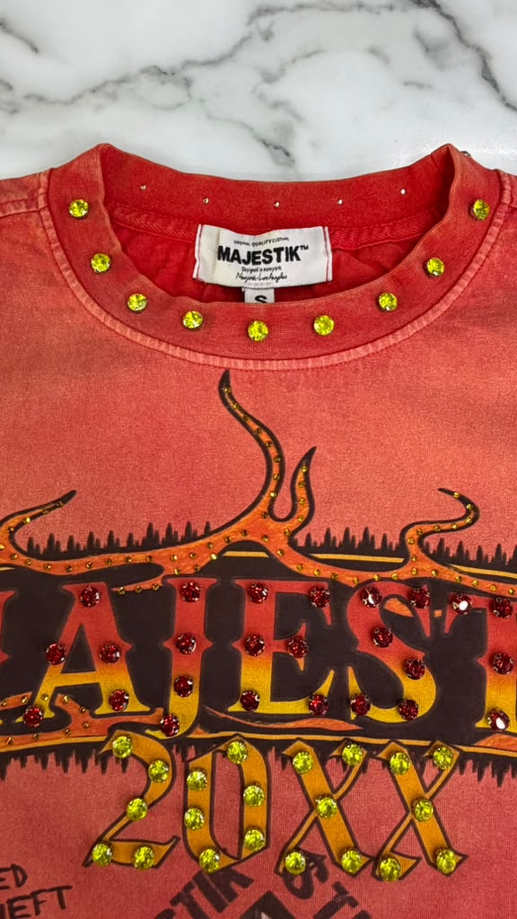 MAJESTIK t-shirt GARMENT DYE DTG PRINTED TEE W/RHINESTONE