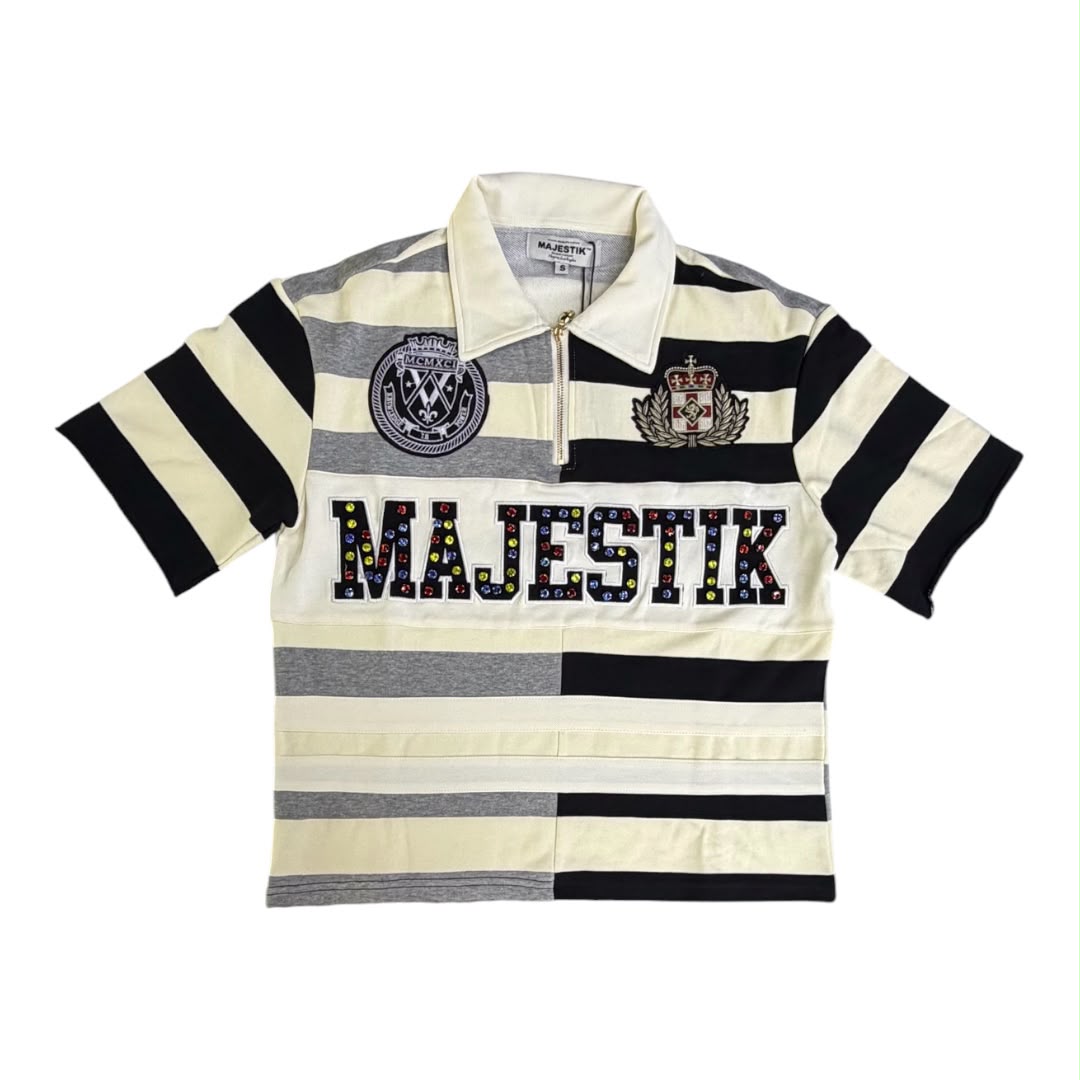 MAJESTIK CUT & SEW STRIPE POLO SHIRT W/LOGO PATCHES AND STUDS