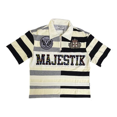 MAJESTIK CUT & SEW STRIPE POLO SHIRT W/LOGO PATCHES AND STUDS