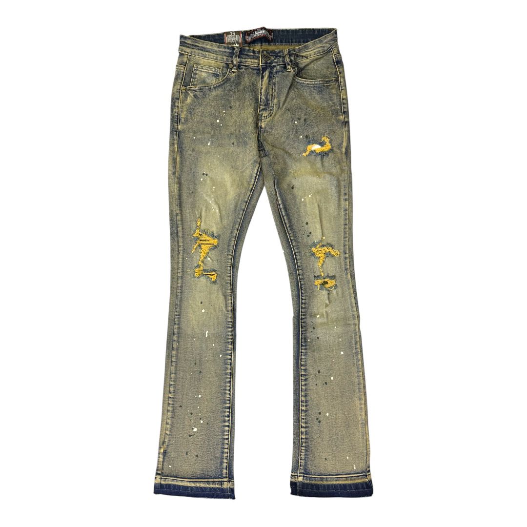 DENIMiCITY PANT RIP N REPAIR DARK VINTAGE WASH WITH OLIVE STITCH INVASION STONE SHIRT