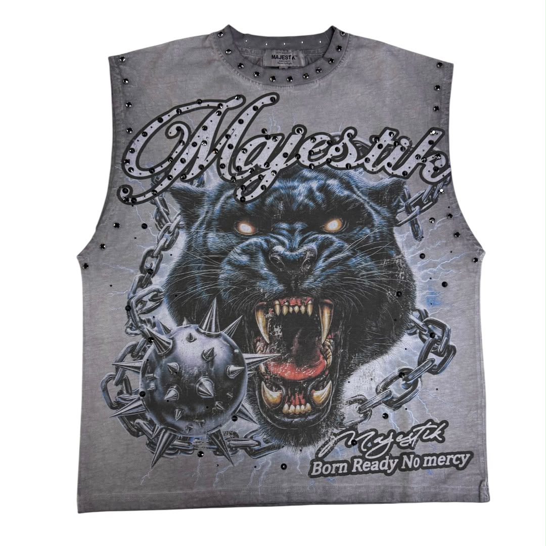 MAJESTIK shirt GARMENT DYE DTG PRINTED SLVLSS TEE W/RHINESTONE