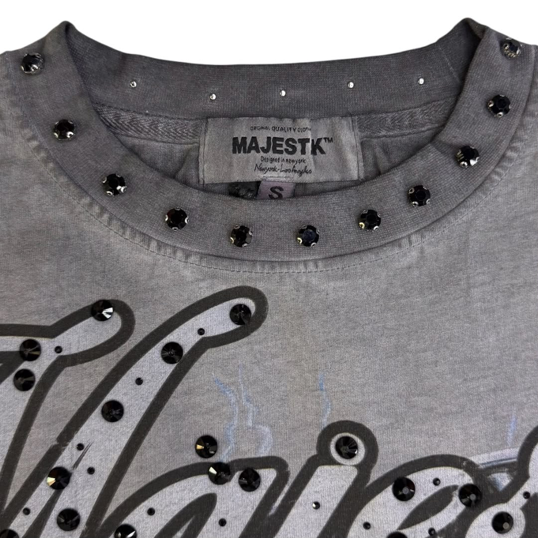 MAJESTIK shirt GARMENT DYE DTG PRINTED SLVLSS TEE W/RHINESTONE