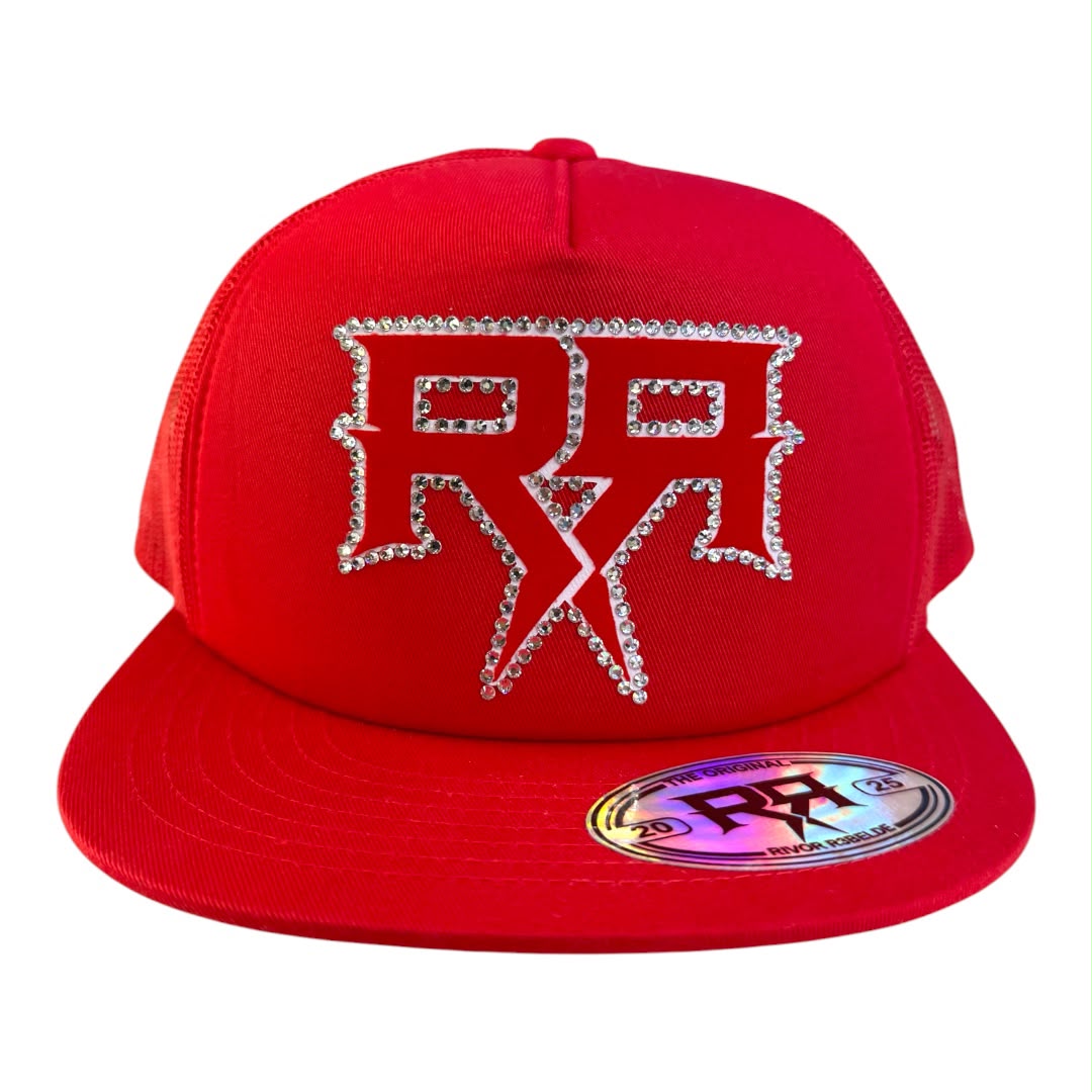 RIVOR R3BELDE red TRUCKER hat with red RHINESTONE logo