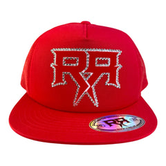 RIVOR R3BELDE red TRUCKER hat with red RHINESTONE logo
