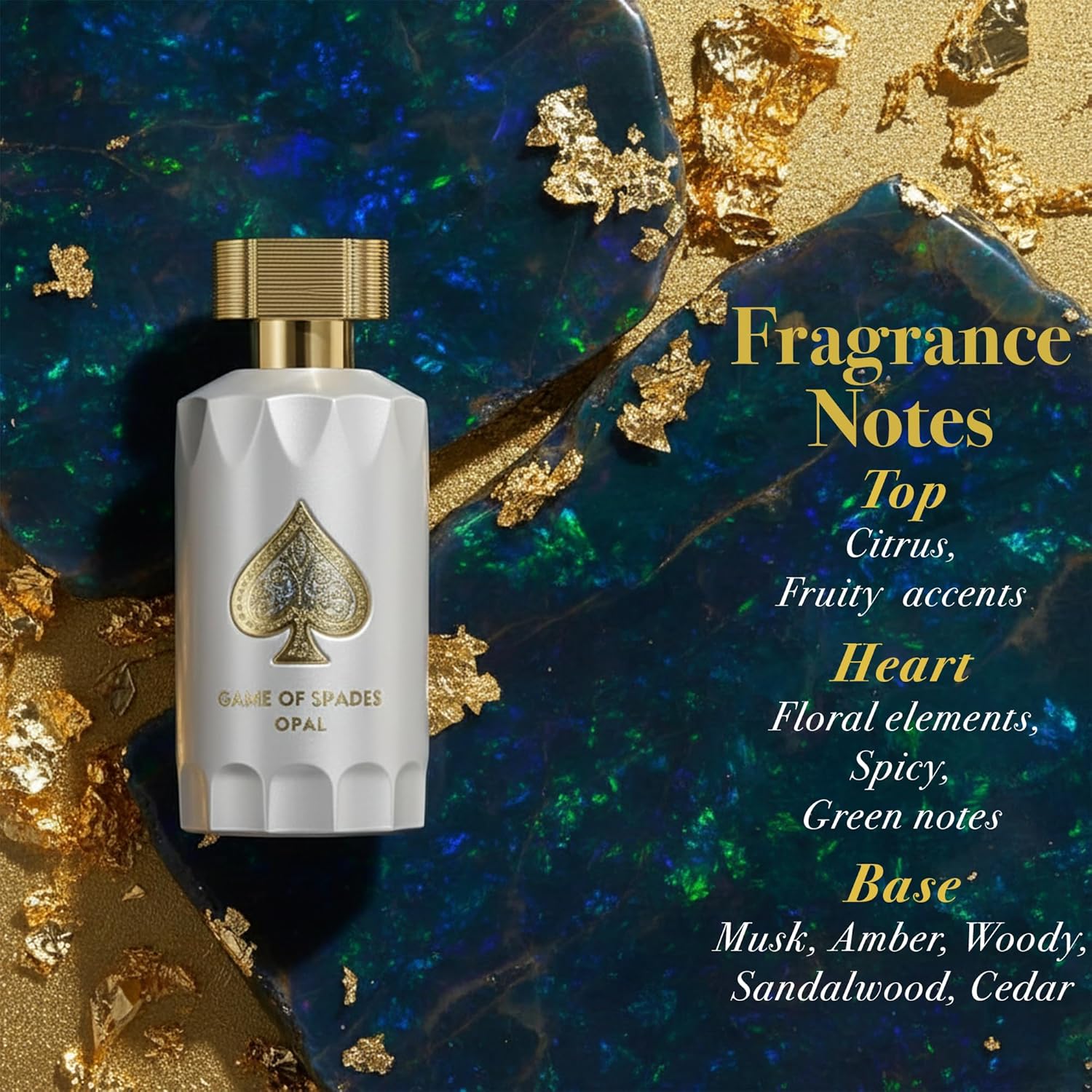 Perfume bottle with fragrance notes on a decorative background