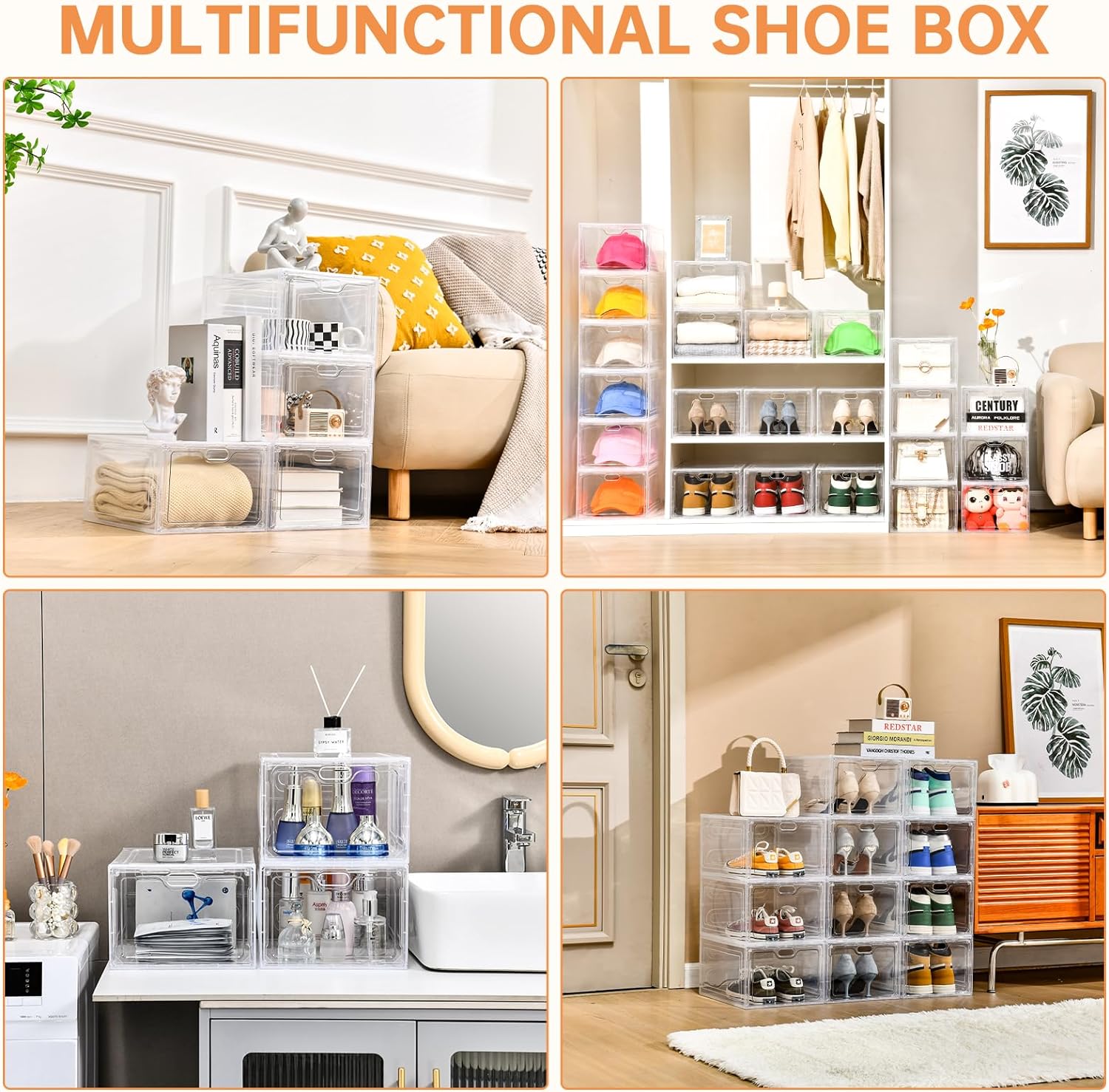 Shoe Boxes- 4 Sneakers Box - HARD PLASTIC - CLEAR. 4 in a Pack
