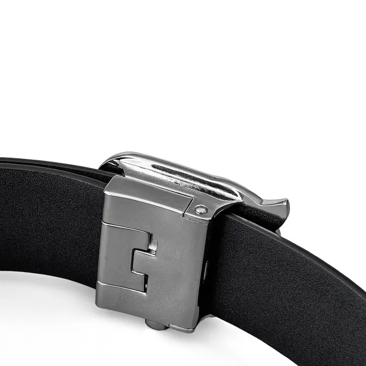 BAROCCO BELT Flat Leather Auto Bkl Belt – Silver Ed.-Silver/Black