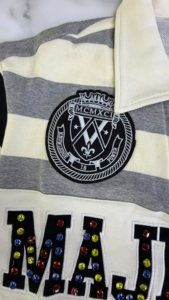 MAJESTIK CUT & SEW STRIPE POLO SHIRT W/LOGO PATCHES AND STUDS