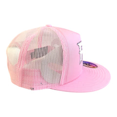 RIVOR R3BELDE all-pink TRUCKER hat with white RHINESTONE logo