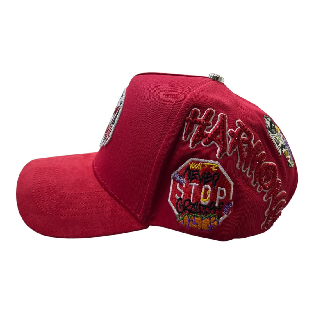 HARMONY red suede brim trucker hat