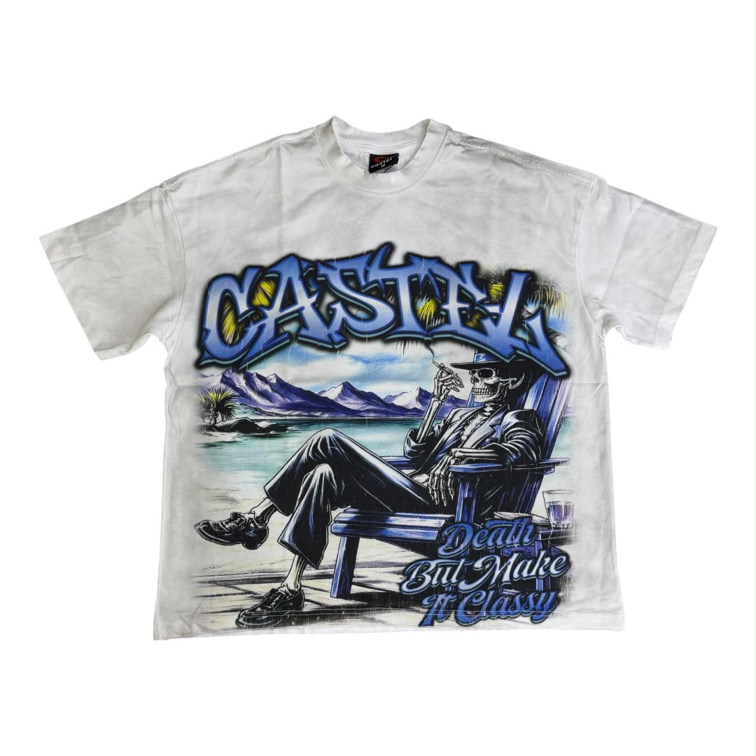 CASTEL death but make it classy lounging skeleton white tee