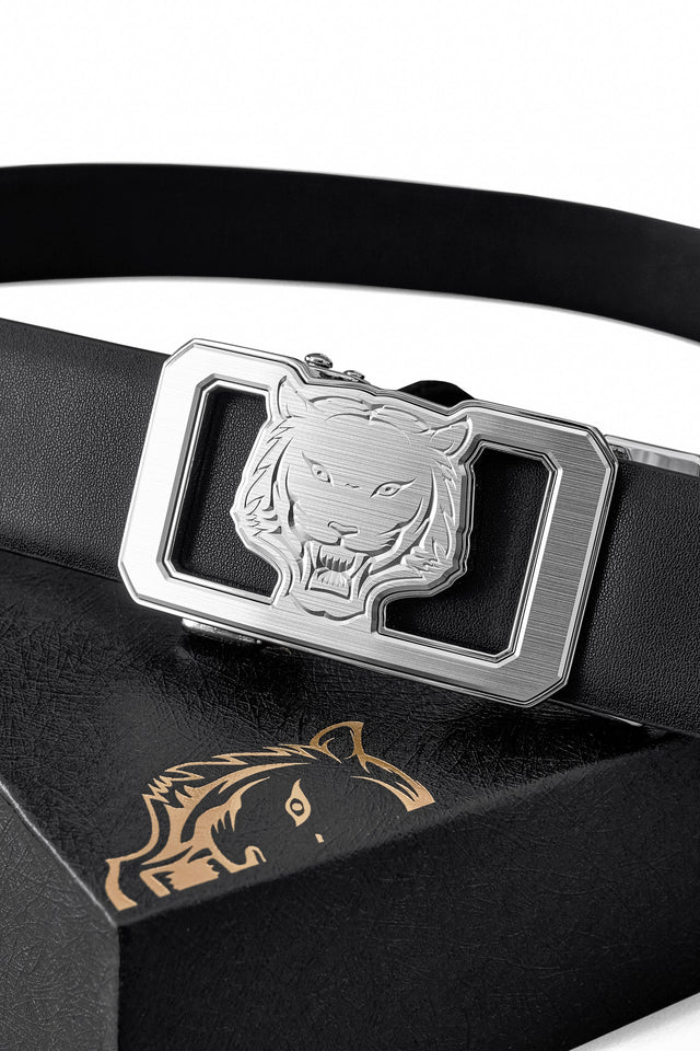 BAROCCO BELT Flat Leather Lion Auto BKL Belt – Silver Ed. SILVER/BLACK