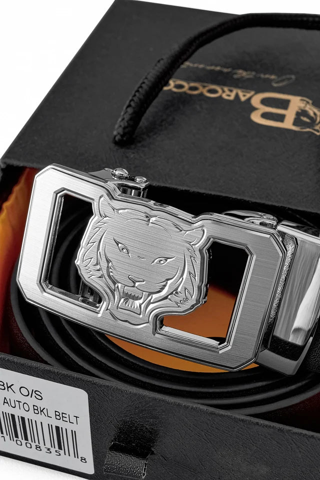 BAROCCO BELT Flat Leather Lion Auto BKL Belt – Silver Ed. SILVER/BLACK