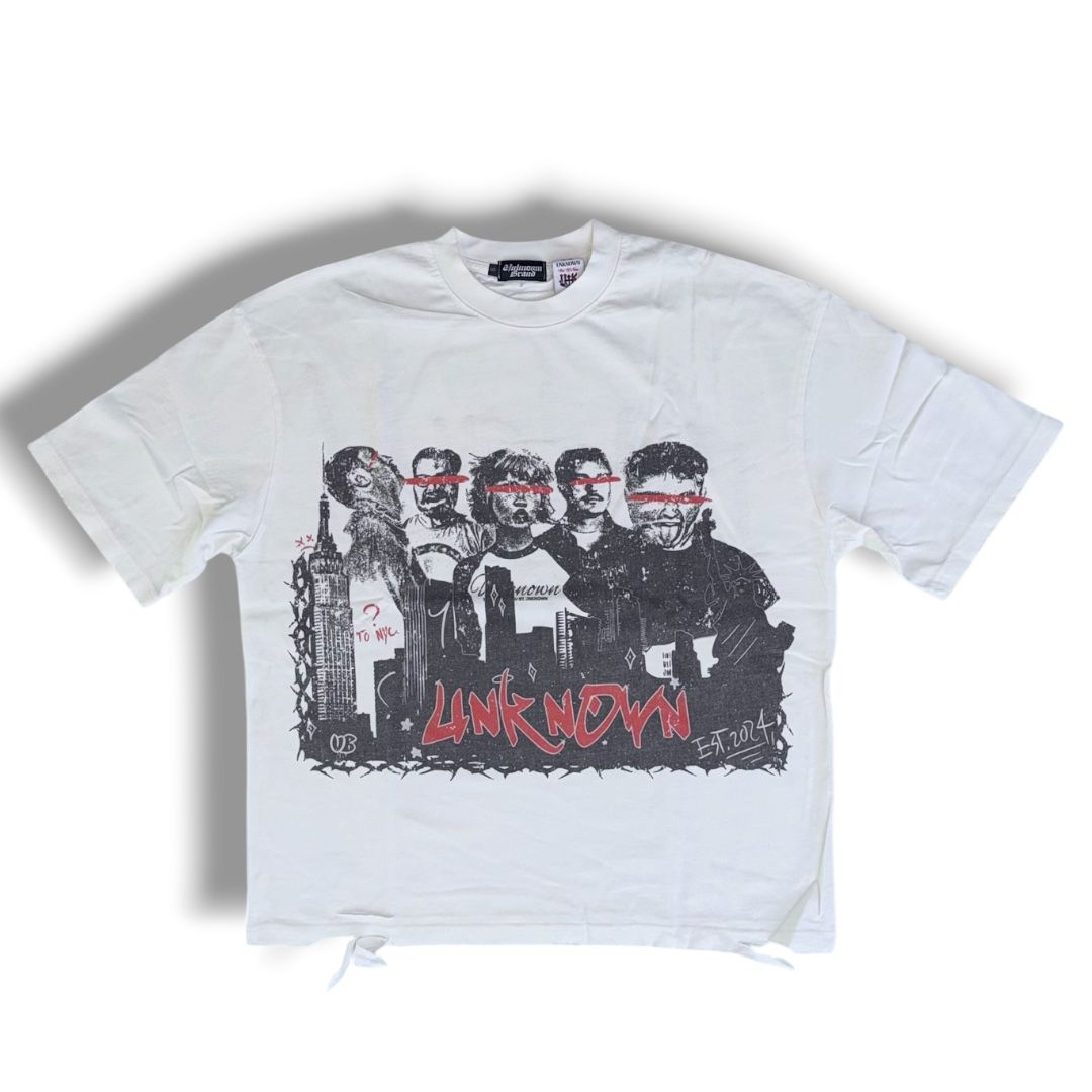 UNKNOWN BRAND" Distressed Boxy Tee - White