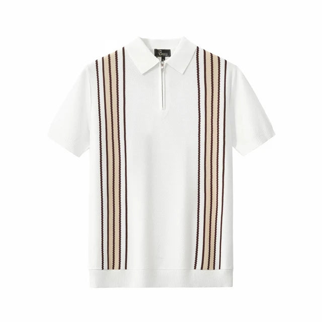 BAROCCO Retro Stripe Men's Zip Knit Polo - Black/Khaki