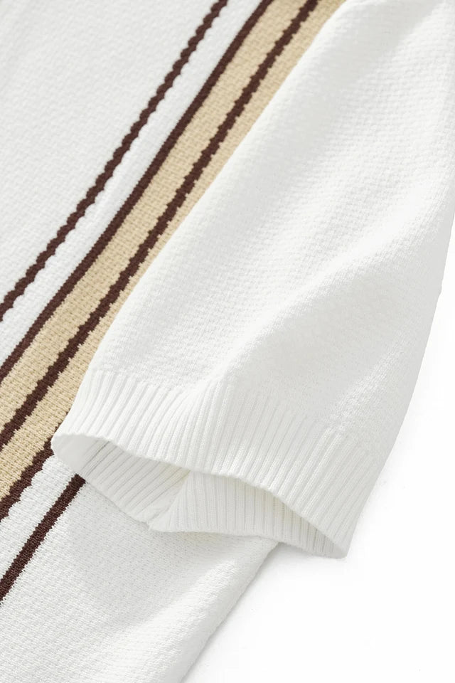 BAROCCO Retro Stripe Men's Zip Knit Polo - Black/Khaki