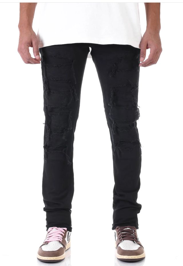 KDNK PATCHED DISTRESS SKINNY PANTS KNB3145 BLACK