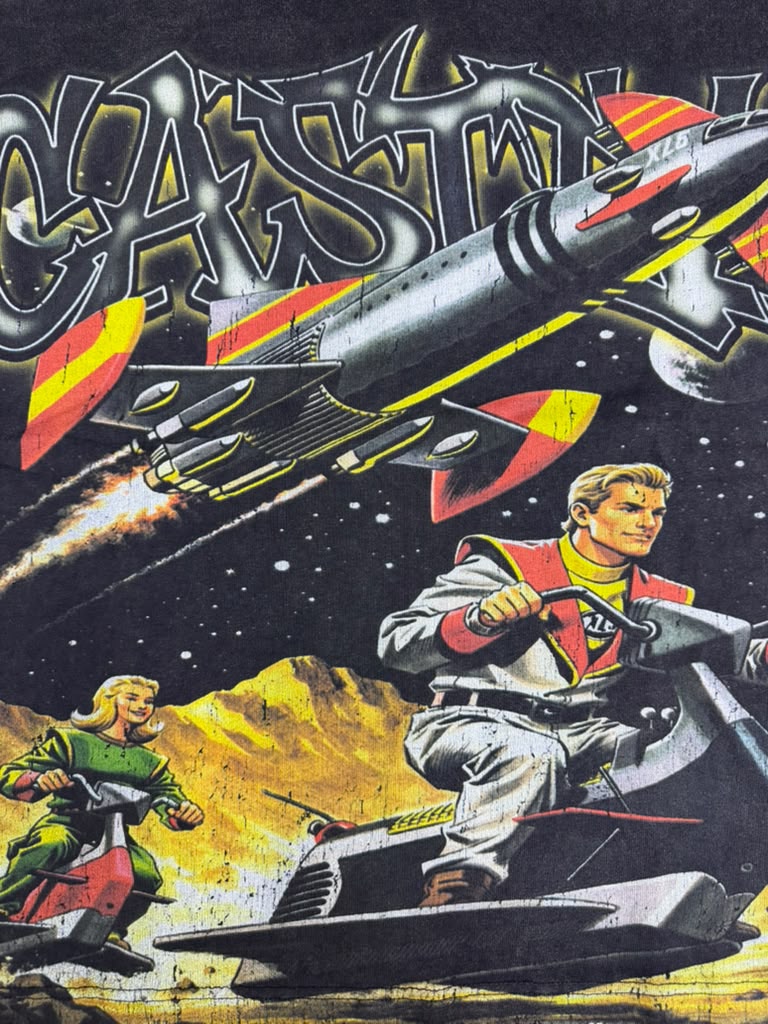 CASTEL retro space adventure rocket snowmobile black tee