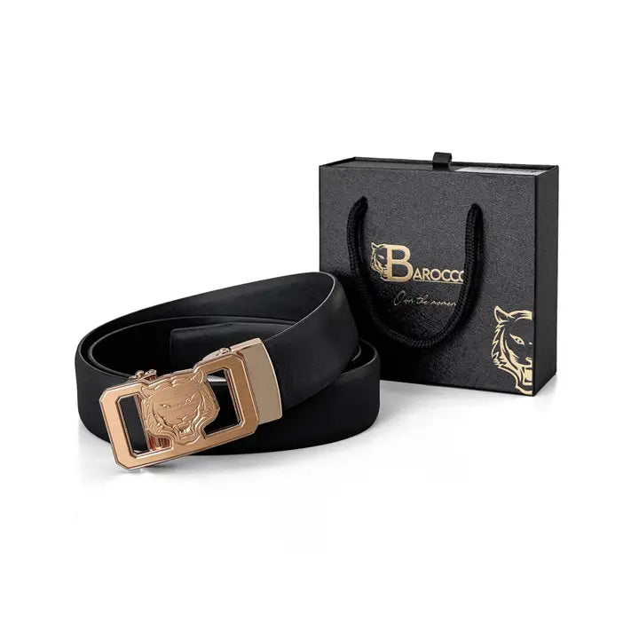 BAROCCO BELT Flat Leather Lion Auto Bkl Belt – Gold Ed.-Gold/Black