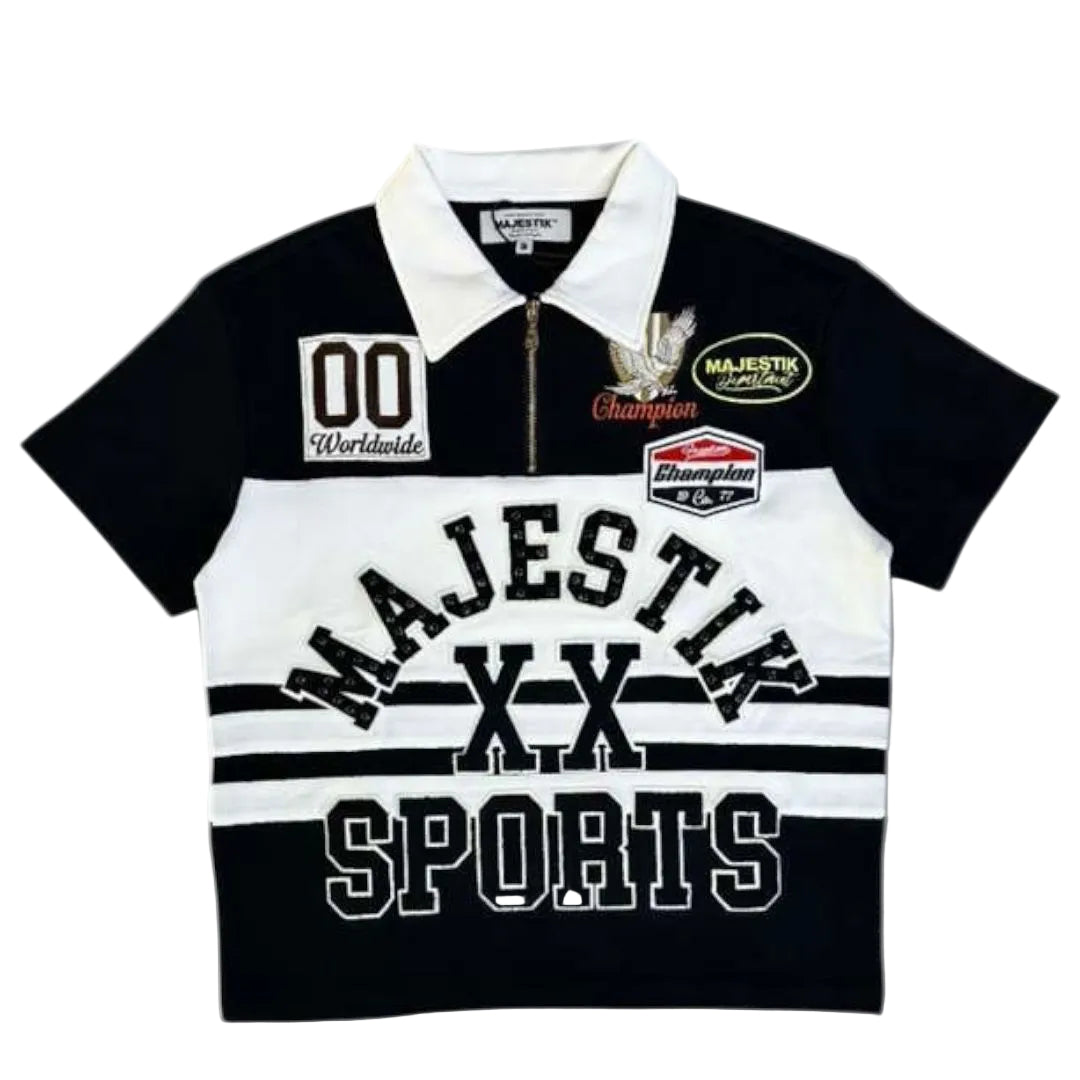 MAJESTIK NY POLO PIQUÉ COUPE ET COUSU AVEC FERMETURE ÉCLAIR ET STRASS SUR LE DEVANT-SH26105