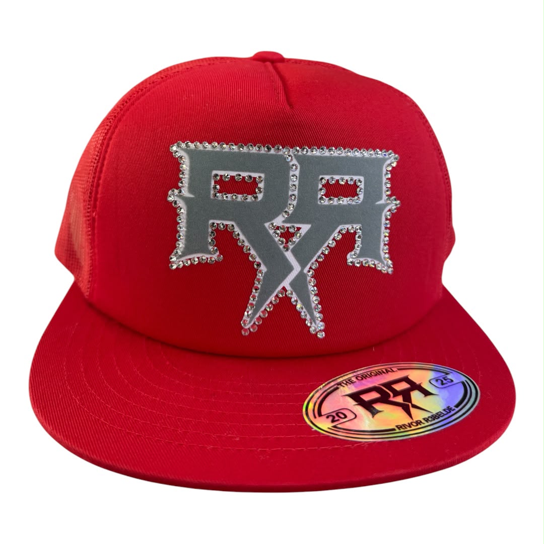 RIVOR R3BELDE red TRUCKER hat with grey and silver RHINESTONE logo