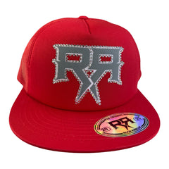 RIVOR R3BELDE red TRUCKER hat with grey and silver RHINESTONE logo