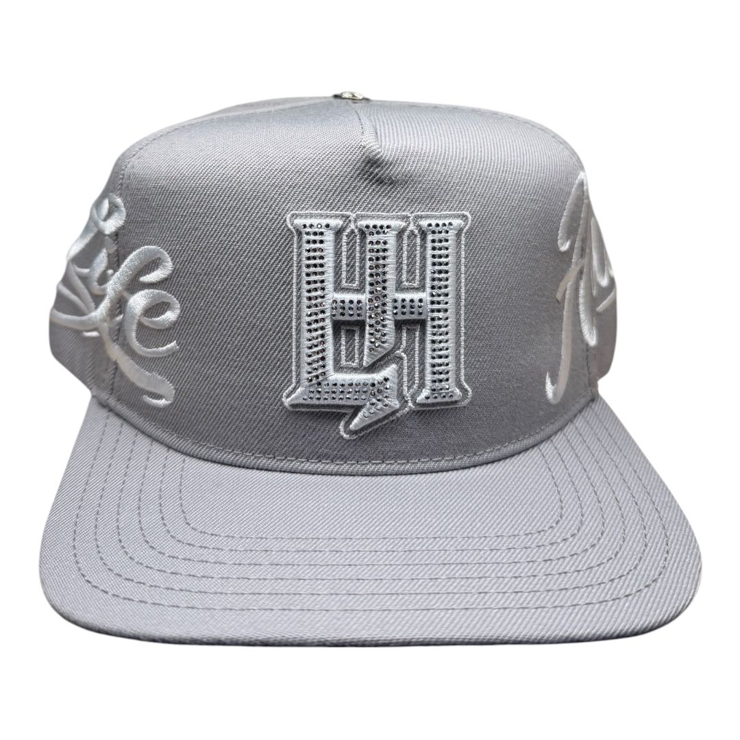LIFE HUSTLERS "Ice Grey" Rhinestone Logo Snapback Hat
