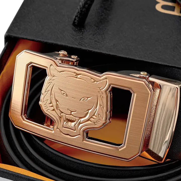 BAROCCO BELT Flat Leather Lion Auto Bkl Belt – Gold Ed.-Gold/Black