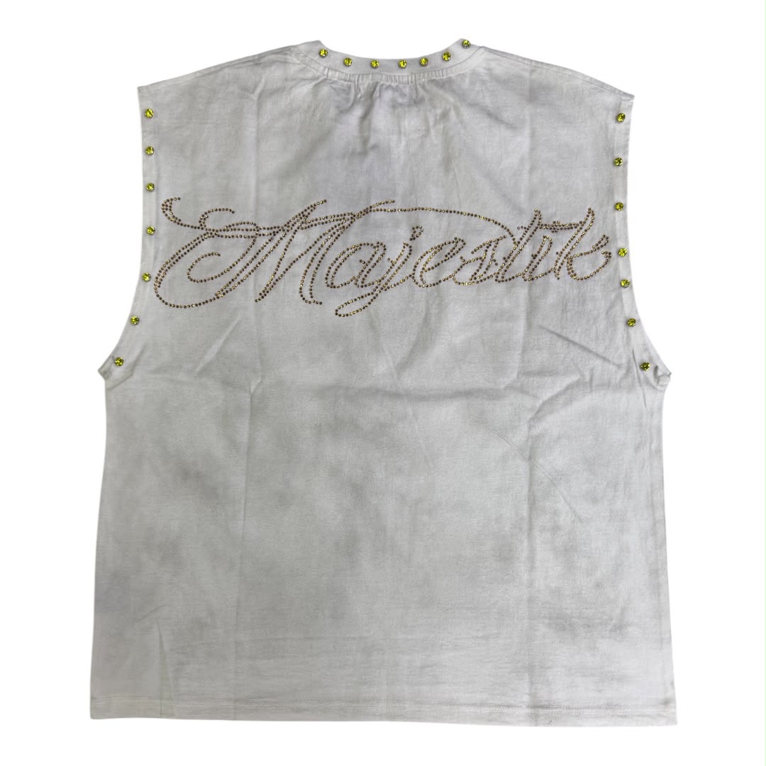 MAJESTIK GARMENT DYE DTG PRINTED SLVLSS TEE W/RHINESTONE