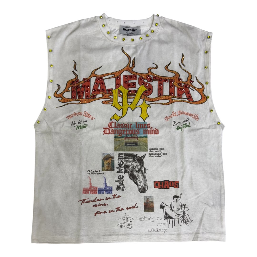 MAJESTIK GARMENT DYE DTG PRINTED SLVLSS TEE W/RHINESTONE