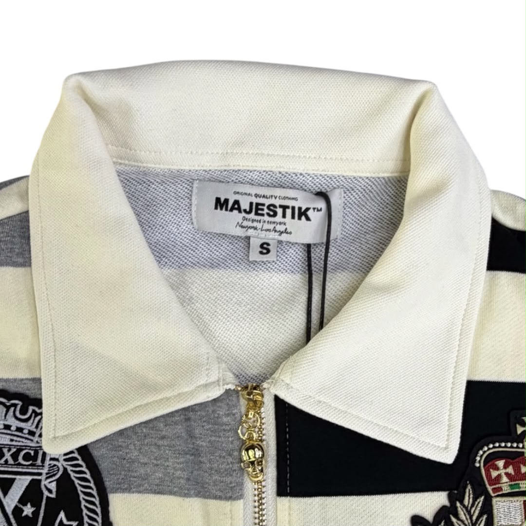 MAJESTIK CUT & SEW STRIPE POLO SHIRT W/LOGO PATCHES AND STUDS