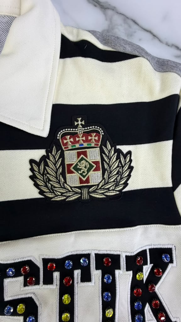 MAJESTIK CUT & SEW STRIPE POLO SHIRT W/LOGO PATCHES AND STUDS