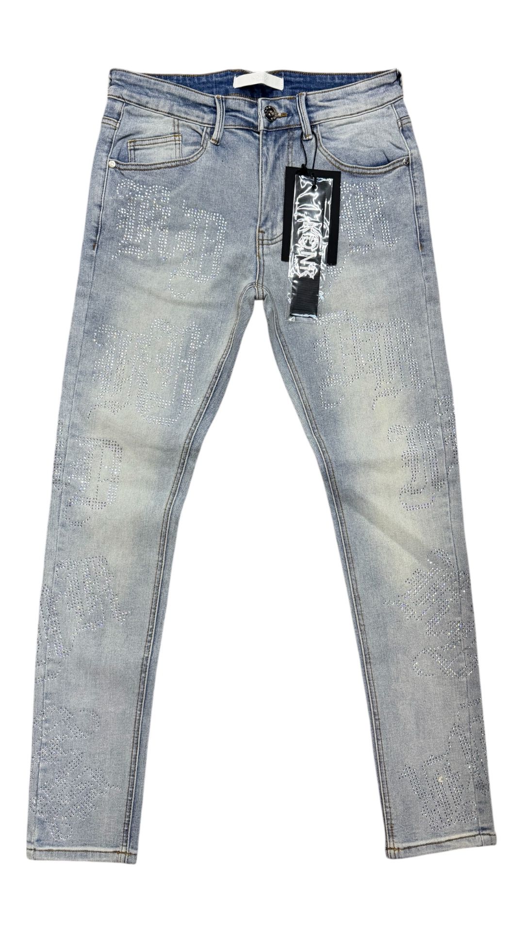 KND4935-LT.BLUE RHINESTONE LETTERING JEANS
