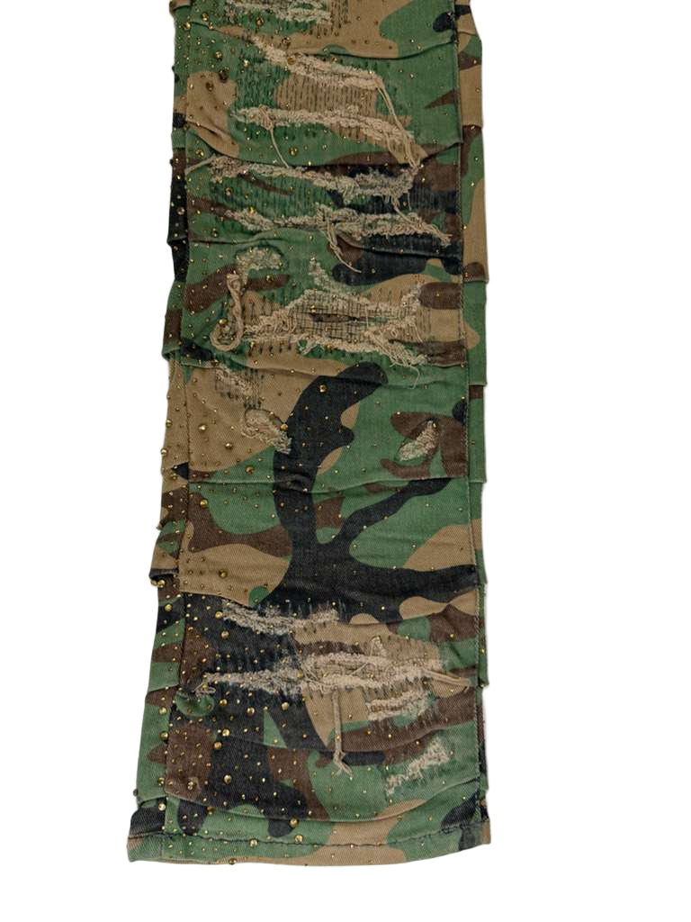 SEE YOU IN PARADISE PLEATS AND CRYSTALS JTFP2323C VINTAGE CAMO PANTS